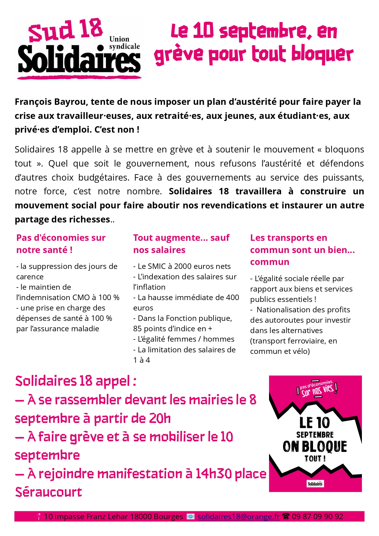 Tract de Solidaires 18 appelants à la grève et à manifester le 10 septembre.